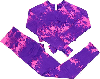 VEQKING - Ropa de yoga teñida para mujer, top corto de manga larga, pantalones de yoga de cintura alta, conjuntos deportivos, ropa de gimnasio de secado rápido
