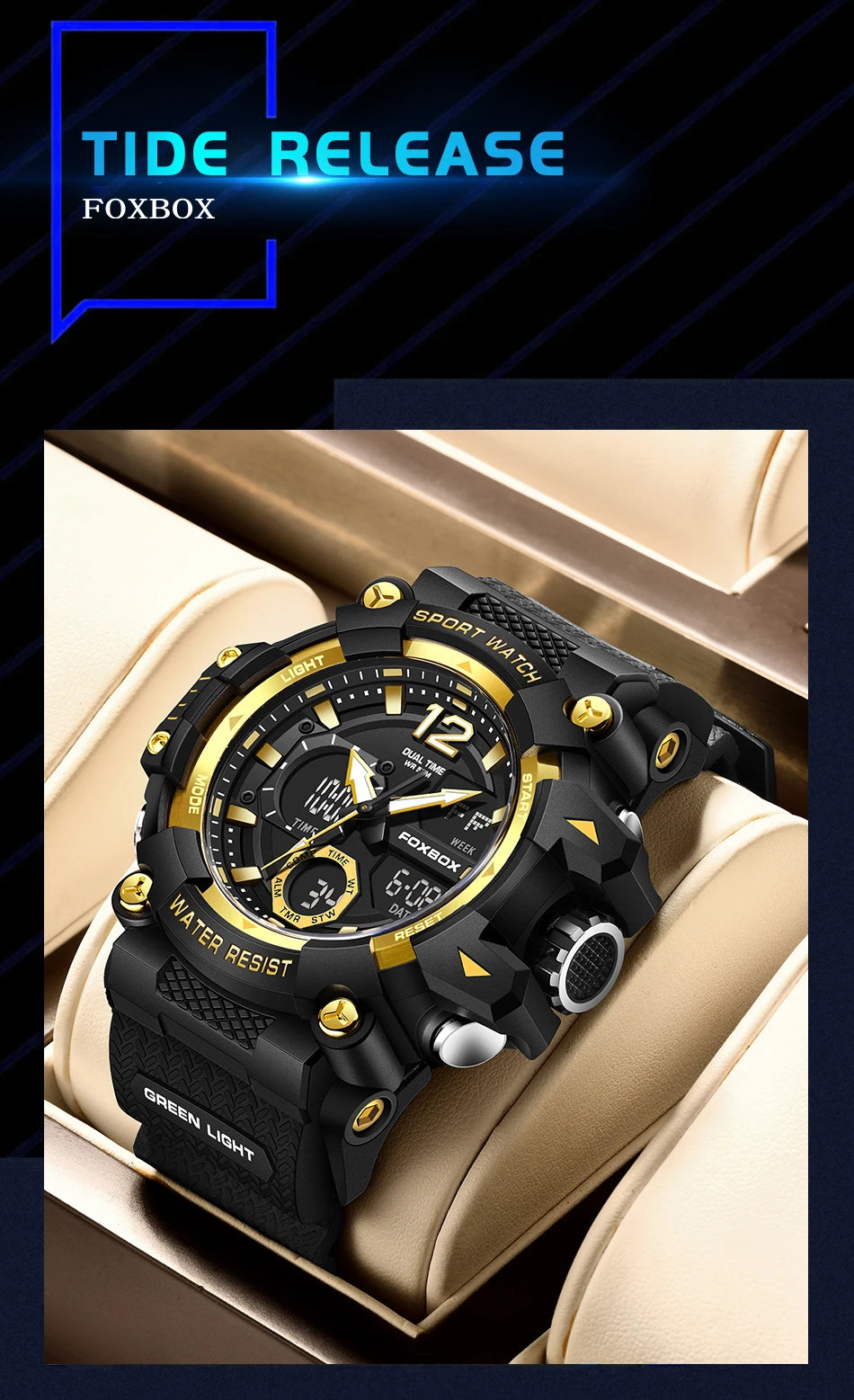 Relojes de pulsera para hombre con pantalla LED de lujo FOXBOX, deportivos, luminosos, impermeables, militares, de cuarzo, para hombre, Relogios Masculino + Caja