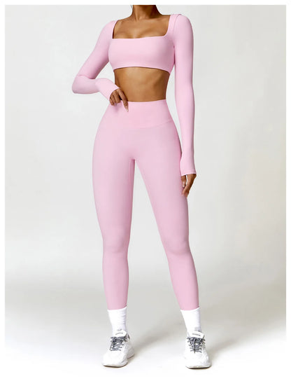 Conjunto de chándal de yoga para mujer, 2 piezas, ropa deportiva para entrenamiento, ropa deportiva, leggings de gimnasio, sujetador de fitness, top corto, trajes deportivos de manga larga