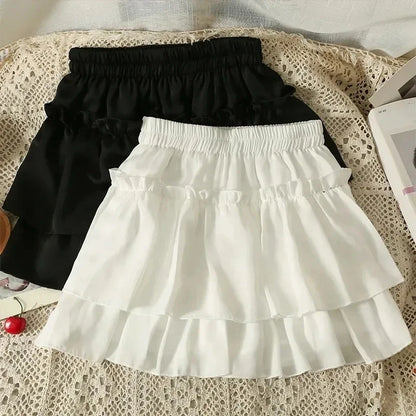 Falda blanca con volantes Kawaii de verano para mujer, minifaldas de gasa ajustadas a la moda Y2K, elásticas, de cintura alta y color negro