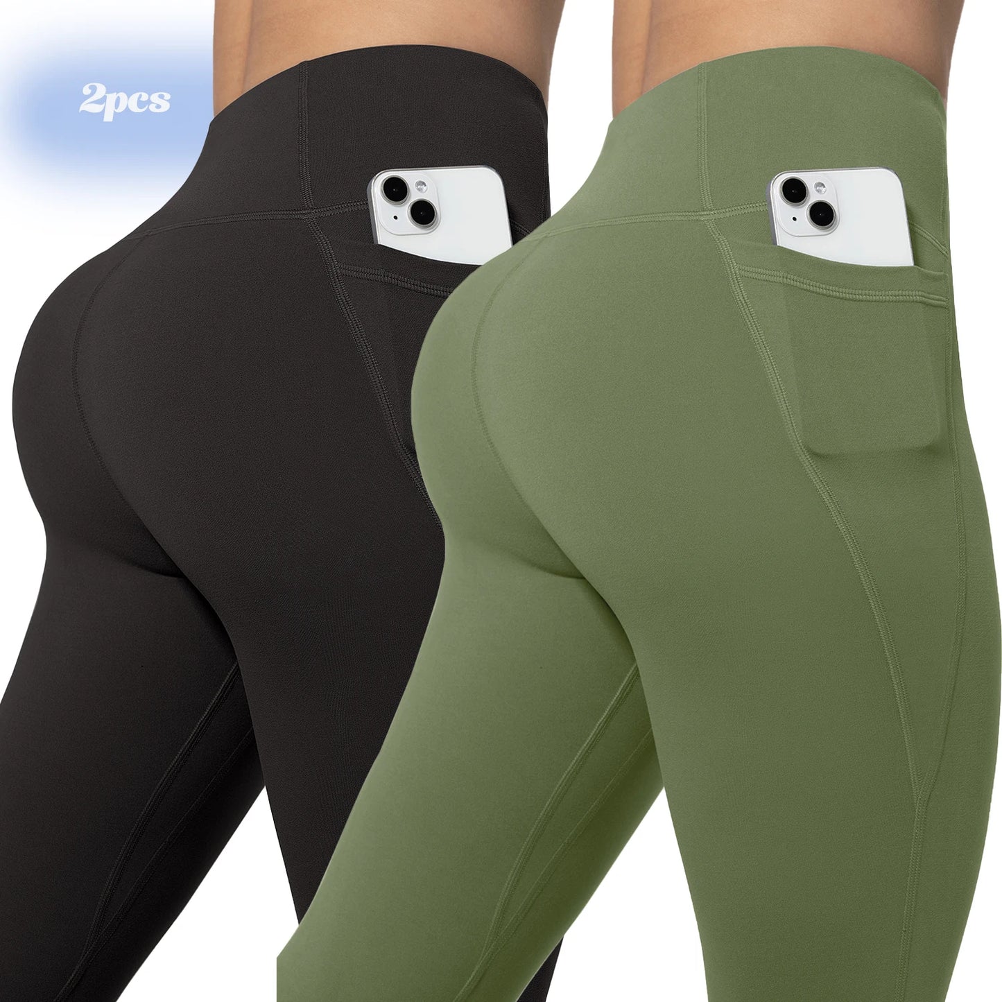 Leggings de yoga para mujer, 2 unidades, con bolsillos, color liso, para gimnasio, actividades al aire libre, cintura alta, ajustados, pantalones deportivos para correr.