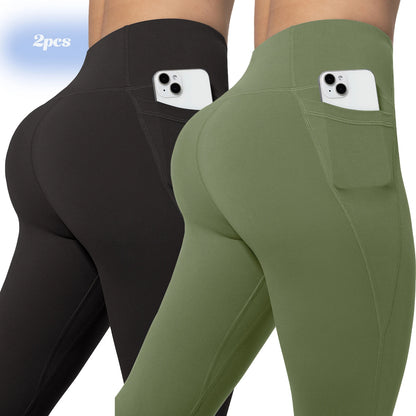 Leggings de yoga para mujer, 2 unidades, con bolsillos, color liso, para gimnasio, actividades al aire libre, cintura alta, ajustados, pantalones deportivos para correr.