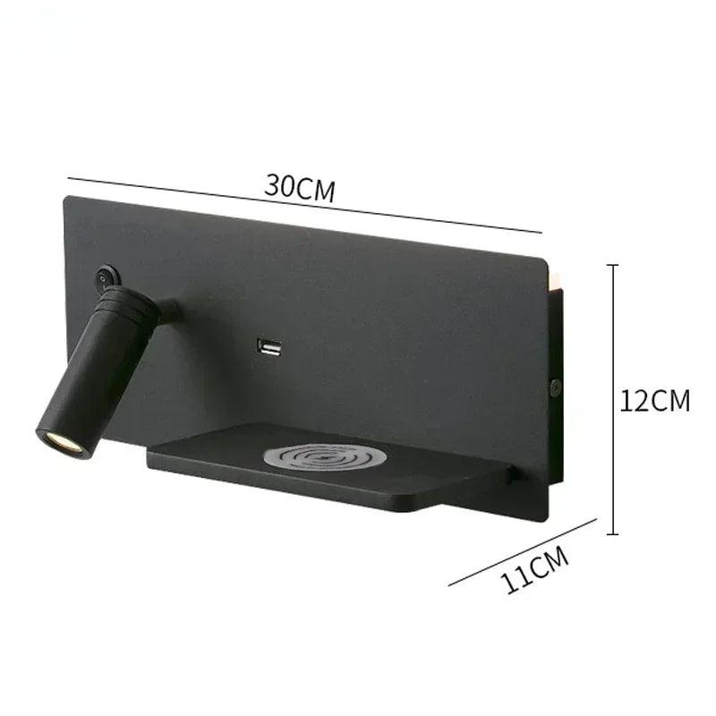 Lámpara de pared LED, luz de lectura, dormitorio, teléfono, carga inalámbrica, carga USB, luces de pared giratorias, lámpara de lado para sala de estar