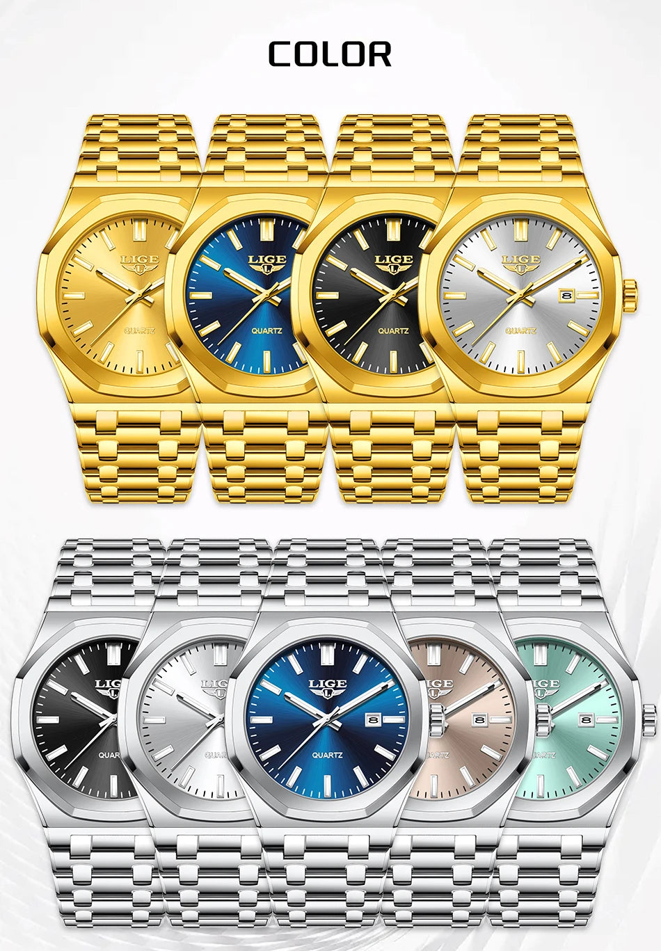 Reloj para hombre LIGE, resistente al agua, de acero inoxidable, luminoso, de negocios, de cuarzo, de moda, con calendario