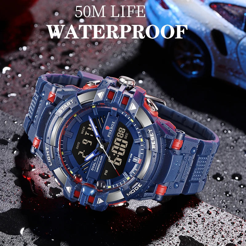 LIGE FOXBOX - Reloj electrónico deportivo informal de moda para hombre, con pantalla digital LED, resistente al agua hasta 50 m, alarma y fecha, con caja