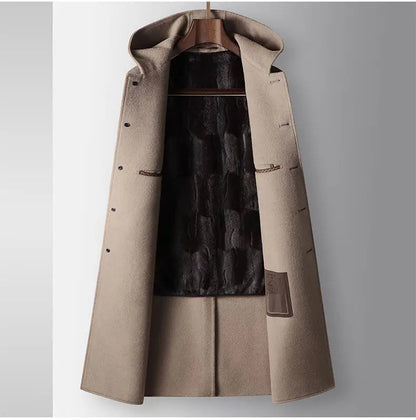 2024 Winter New Men's Hoodie Medium Long Woolen Coat Rabbit Plush Thick Warm Casual Coat High end Fabric 100% Pure Wool