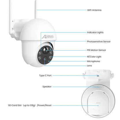 Cámara de seguridad WiFi con batería solar 1296P, rotación de 360°, detección de humanoides inalámbrica, alarma con sirena y sirena.