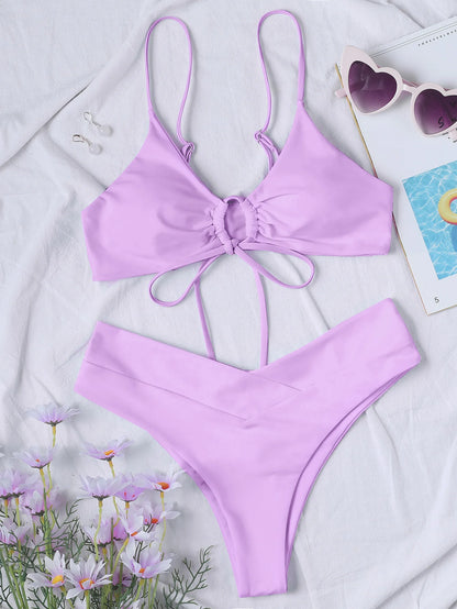 Nuevo conjunto de bikini de alta elasticidad para verano de 2025, dos piezas, color sólido, con cordones, traje de baño sexy para mujer, traje de baño de playa.