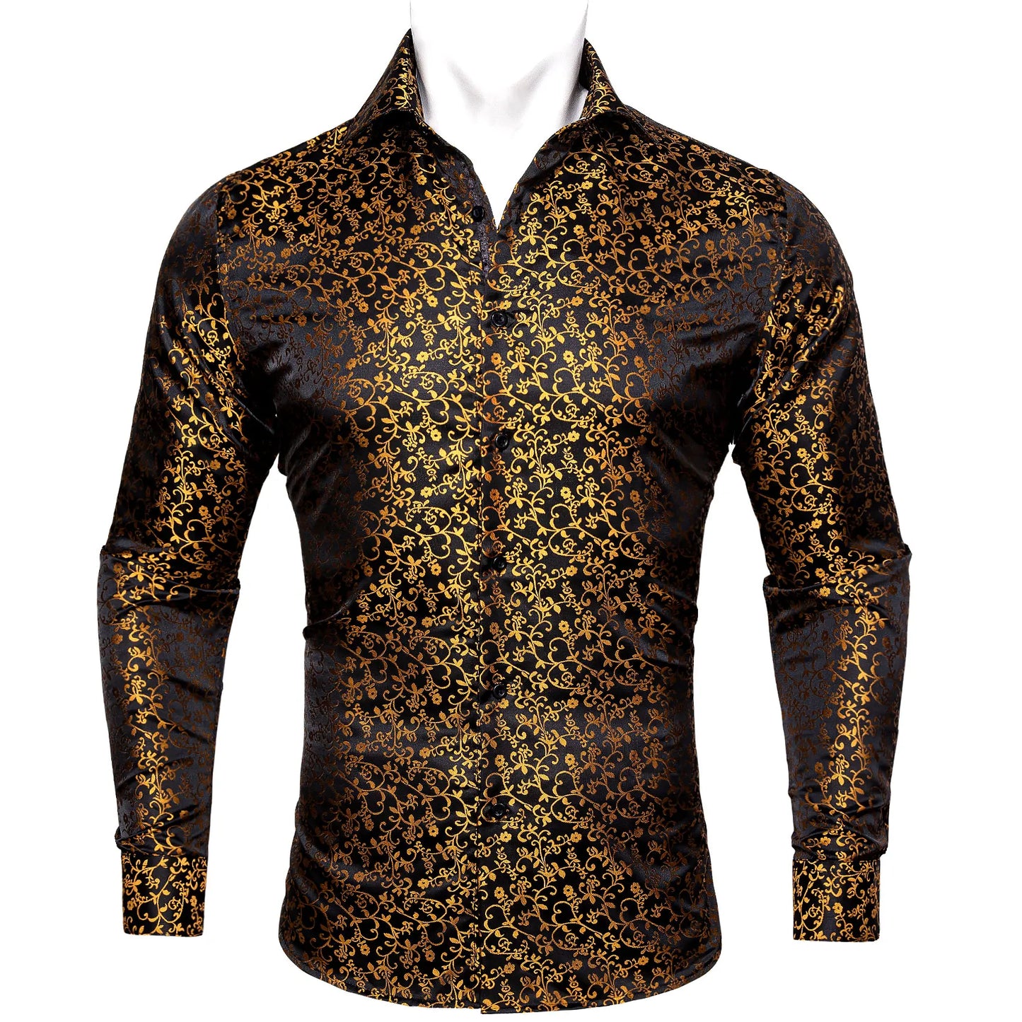 Camisas clásicas negras estampadas y bordadas para hombre, solapa de seda, manga larga, corte formal exquisito, ideales para eventos de negocios y fiestas. Barry.Wang CY-0407