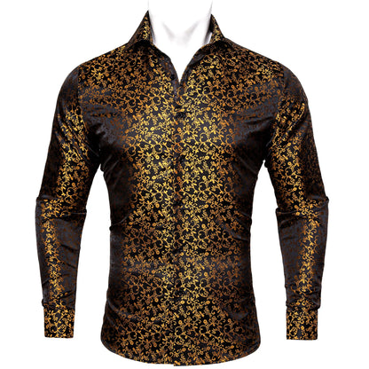 Camisas clásicas negras estampadas y bordadas para hombre, solapa de seda, manga larga, corte formal exquisito, ideales para eventos de negocios y fiestas. Barry.Wang CY-0407