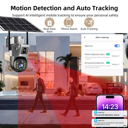 Cámara de seguridad CCTV V380 Pro 4K 8MP con 2 lentes, WiFi 4G, energía solar, visión nocturna PIR para exteriores, IP66, batería de bajo consumo.