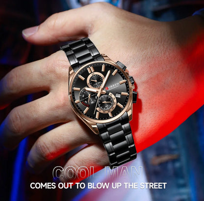 CURREN - Reloj cronógrafo de acero inoxidable para hombre con manecillas luminosas, tres subesferas, fecha automática, diseño moderno, de cuarzo