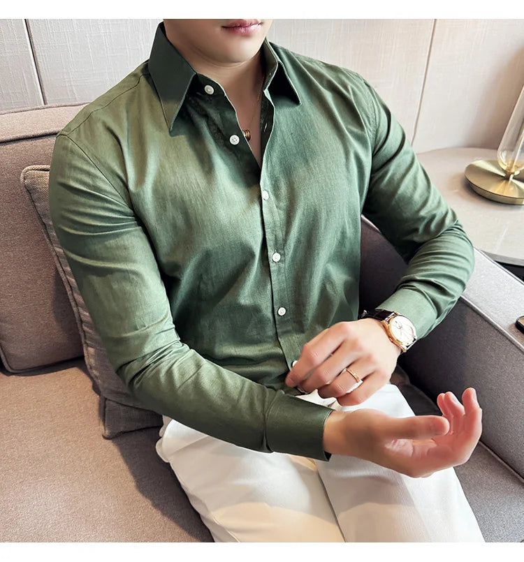 Camisa de hombre de color liso de alta calidad, 55 % algodón y 45 % lino, transpirable y con absorción de sudor, de manga larga. Tallas M-4XL.