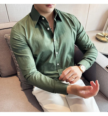 Camisa de hombre de color liso de alta calidad, 55 % algodón y 45 % lino, transpirable y con absorción de sudor, de manga larga. Tallas M-4XL.