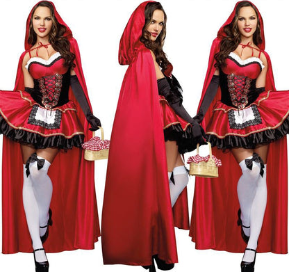 Women Little Red Riding Hood Costume Fancy Adult Halloween Cosplay Fantasia Carnival Fairy Tale Girl Dress+Cloak Women Party Set