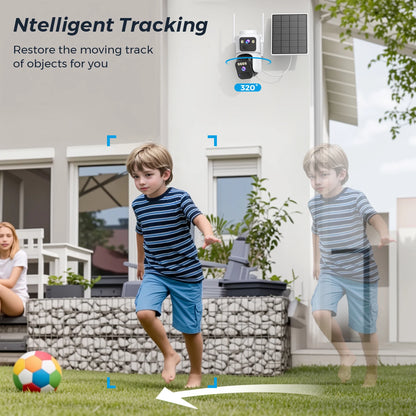 Cámara de seguridad exterior inalámbrica WiFi solar de 10 MP y 5K con doble lente, doble pantalla, seguimiento automático y zoom digital 5X. Incluye doble lente y doble pantalla.