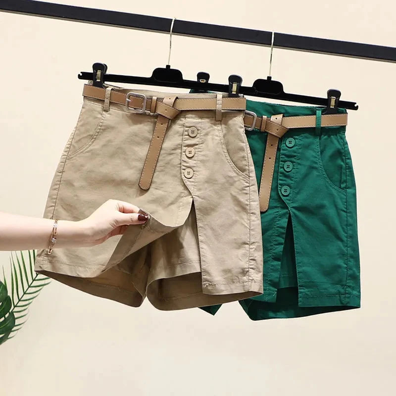 Pantalones cortos elegantes para mujer, con cinturón, botones lisos coreanos, aberturas laterales, estilo urbano, faldas de moda, pantalones holgados elegantes de verano Harajuku