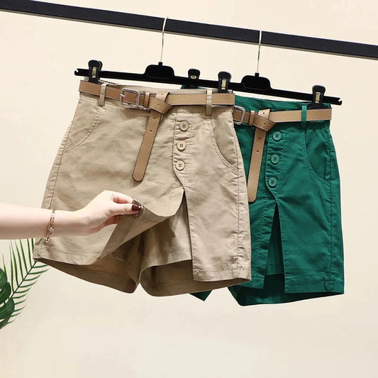 Pantalones cortos elegantes para mujer, con cinturón, botones lisos coreanos, aberturas laterales, estilo urbano, faldas de moda, pantalones holgados elegantes de verano Harajuku