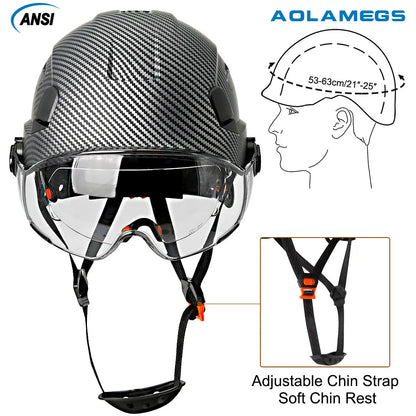 Casco de seguridad con patrón de fibra de carbono y gafas de doble visera para ingenieros, casco de seguridad CE ANSI ABS, gorra de trabajo industrial, rescate