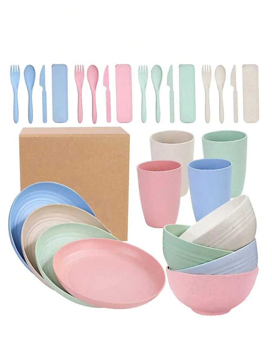 Juego de vajilla de plástico PP de 7/28 piezas, reutilizable, plato de cena, tazón de cereal, taza, juego de cubiertos para reuniones de fiestas en hoteles en casa