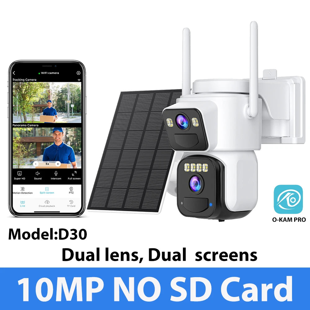 Cámara de seguridad exterior inalámbrica WiFi solar de 10 MP y 5K con doble lente, doble pantalla, seguimiento automático y zoom digital 5X. Incluye doble lente y doble pantalla.