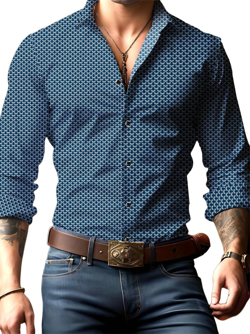 Camisa casual estampada para hombre 2025 con mangas largas transpirables y botones de plomo adecuada para primavera y otoño.
