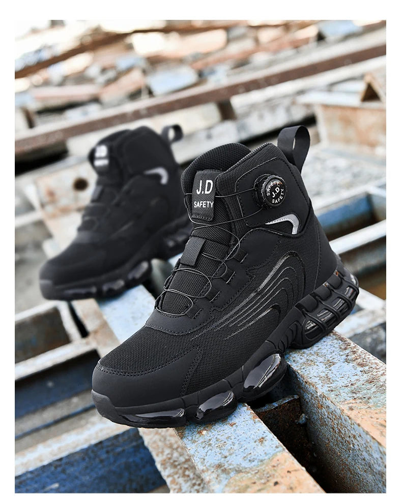Zapatos de seguridad de caña alta para hombre con botón giratorio, resistentes a impactos y perforaciones, zapatillas de moda para hombre, calzado de seguridad profesional.