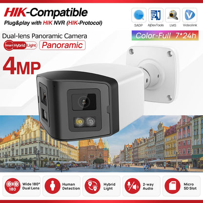 Cámara panorámica de doble luz de 4 MP y 8 MP con PoE, micrófono y altavoz integrados, detección humana, visión nocturna a color y sistema de vigilancia compatible con Hikvision.