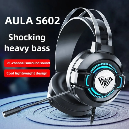 Auriculares para juegos AULA S602 con micrófono, sonido envolvente virtual, graves, luz RGB, cancelación de ruido, auriculares con cable y accesorios para juegos