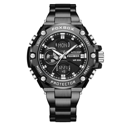 FOXBOX Relojes deportivos de lujo para hombre, reloj de pulsera de cuarzo de lujo, acero, resistente al agua, doble pantalla, relojes militares para hombre, reloj hommes