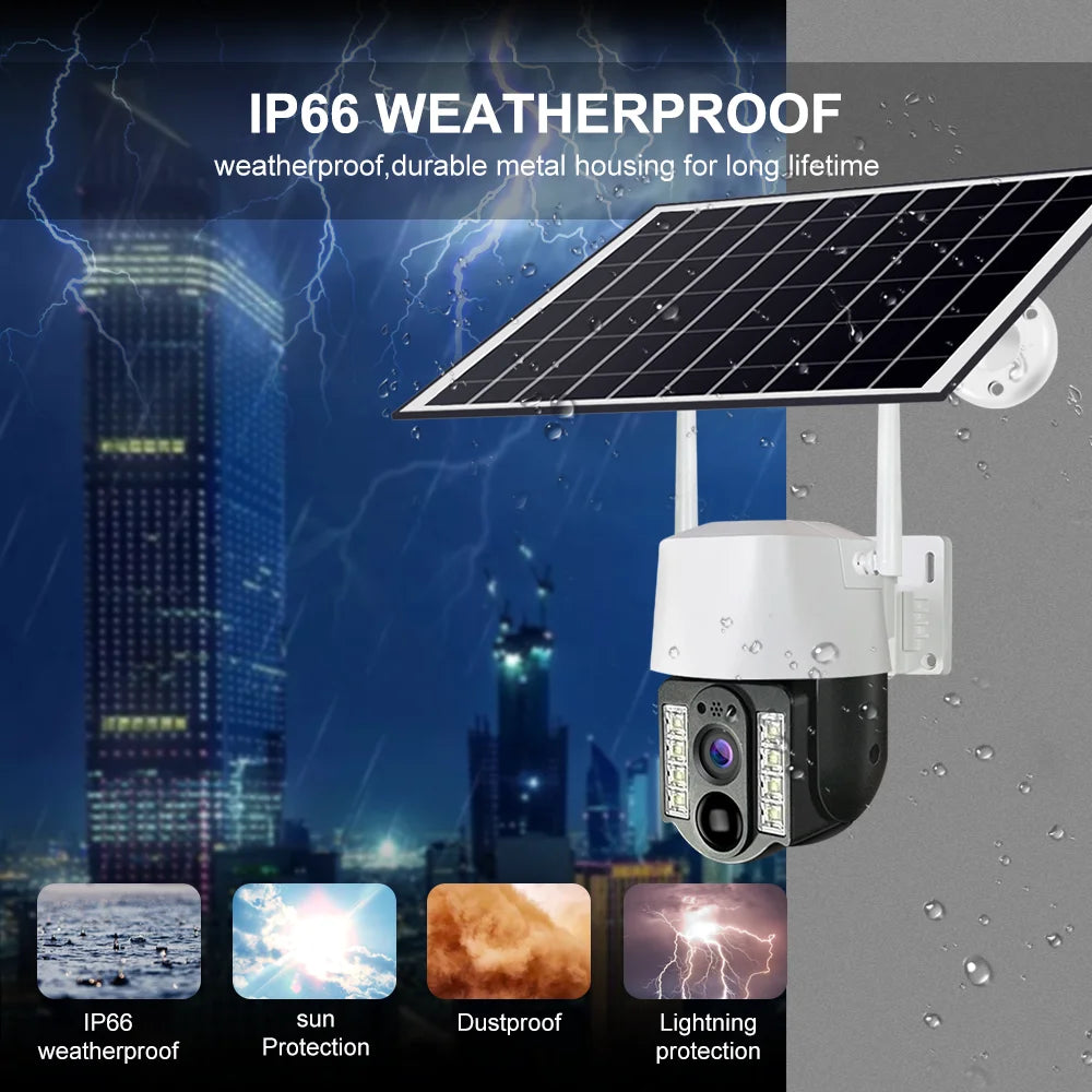 Cámara solar WiFi V380 Pro con zoom 10X, doble lente, resistente al agua, para exteriores, con protección IP, detección humana PIR y sistema de videovigilancia.