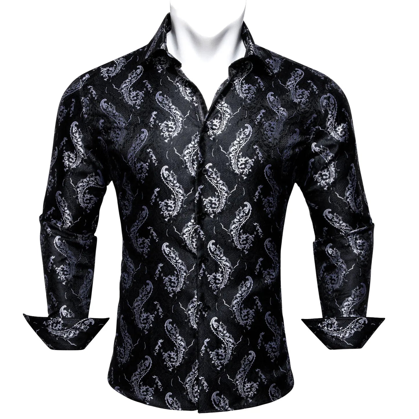 Camisas clásicas negras estampadas y bordadas para hombre, solapa de seda, manga larga, corte formal exquisito, ideales para eventos de negocios y fiestas. Barry.Wang CY-0407