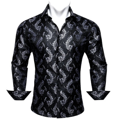 Camisas clásicas negras estampadas y bordadas para hombre, solapa de seda, manga larga, corte formal exquisito, ideales para eventos de negocios y fiestas. Barry.Wang CY-0407