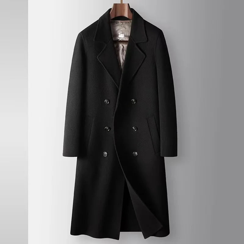 2025 Autumn/Winter New Men's 100% Wool Coat Knee length Double breasted Goose Down Inner Tank Thickened for Warmth