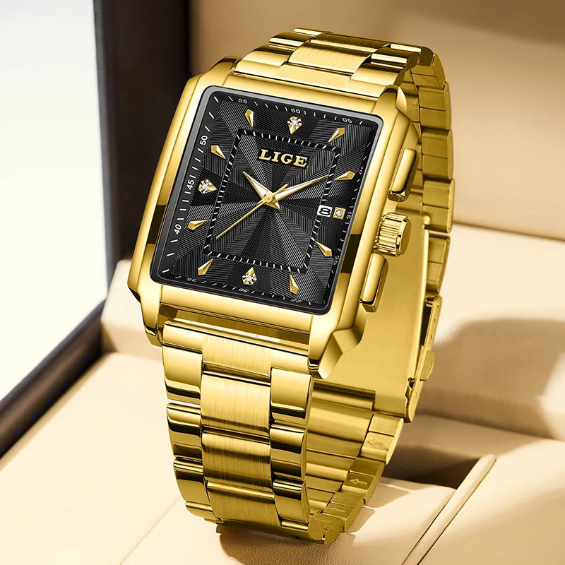 LIGE - Reloj de negocios de moda para hombre, cuadrado, deportivo, resistente al agua, marca superior, de lujo, militar, de cuarzo, cronógrafo de pulsera