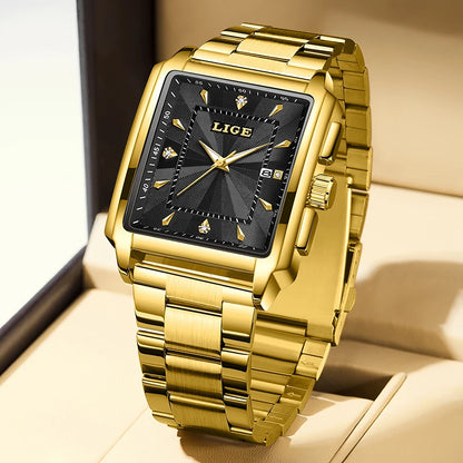 LIGE - Reloj de negocios de moda para hombre, cuadrado, deportivo, resistente al agua, marca superior, de lujo, militar, de cuarzo, cronógrafo de pulsera