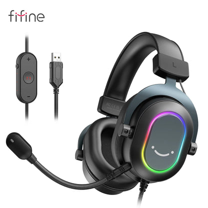 Auriculares para juegos Fifine Dynamic RGB con micrófono, supraaurales, sonido envolvente 7.1 para PC, PS4 y PS5, 3 opciones de ecualización, para juegos, películas y música.