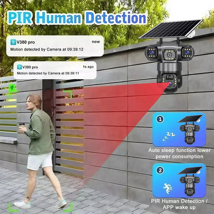Cámara IP WiFi de 15 MP y 8K con tres lentes, resistente al agua y con carga solar para exteriores. Incluye visión nocturna, audio bidireccional y detección humana. Cámara de seguridad CCTV.