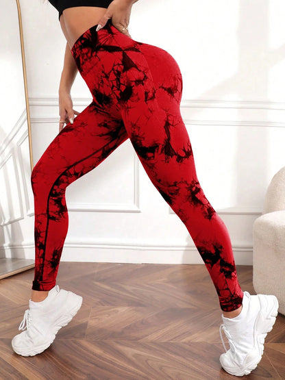 Women's tie-dye high-waist yoga sweatpants tummy control high-elastic fitness running sports leggings sportswear