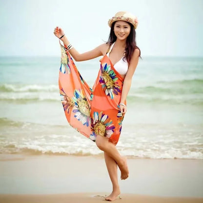 Vestido playero sexy con estampado para mujer, estilo halter, de gasa, tipo pareo, con espalda abierta