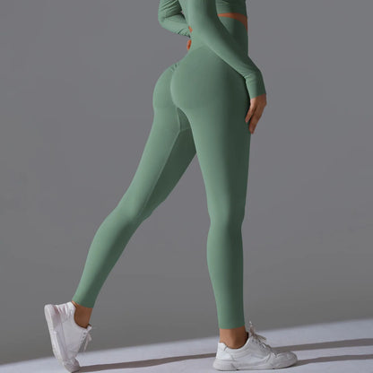 Leggings deportivos de yoga para mujer, sin costuras, cintura alta, elásticos, color sólido, para gimnasio, correr, secado rápido, realce y efecto moldeador.