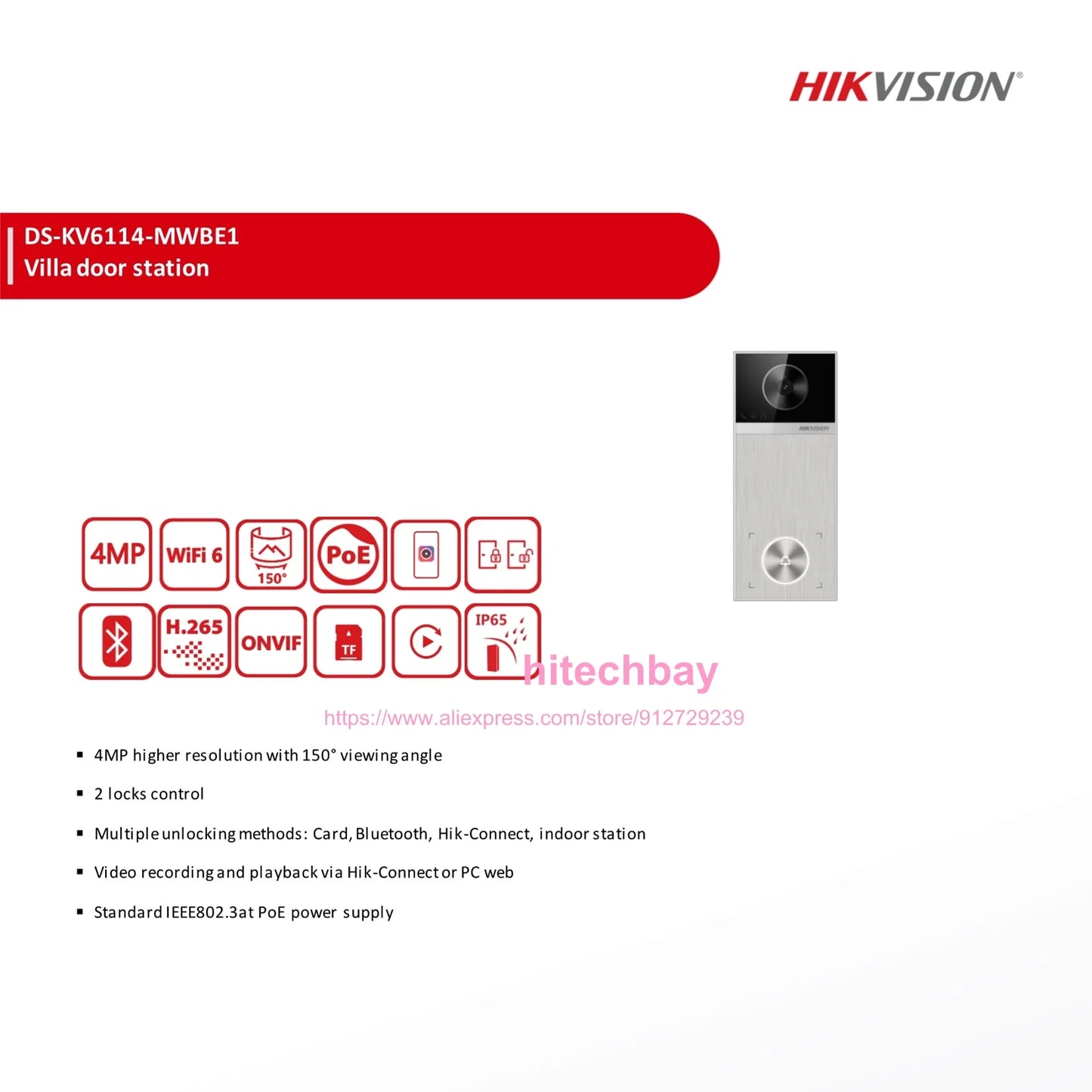 ¡Nuevo! Timbre inteligente Hikvision DS-KV6114-MWBE1 de 4 MP con tarjeta Bluetooth y aplicación Hik-Connect. Estación interior con acceso PoE y WiFi.