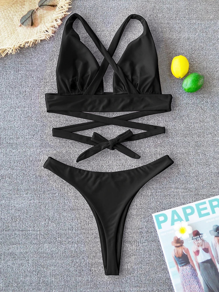 Bikini sexy 2025, traje de baño liso para mujer, traje de baño para mujer, conjunto de bikini push up con vendaje cruzado, traje de baño para playa, traje de baño