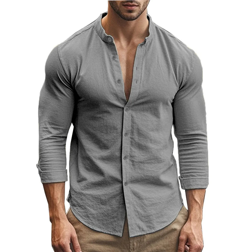 Camisas Henry para hombre, de algodón y lino, corte ajustado, informales, hawaianas, de color liso, estilo básico, para primavera y verano, transpirables.