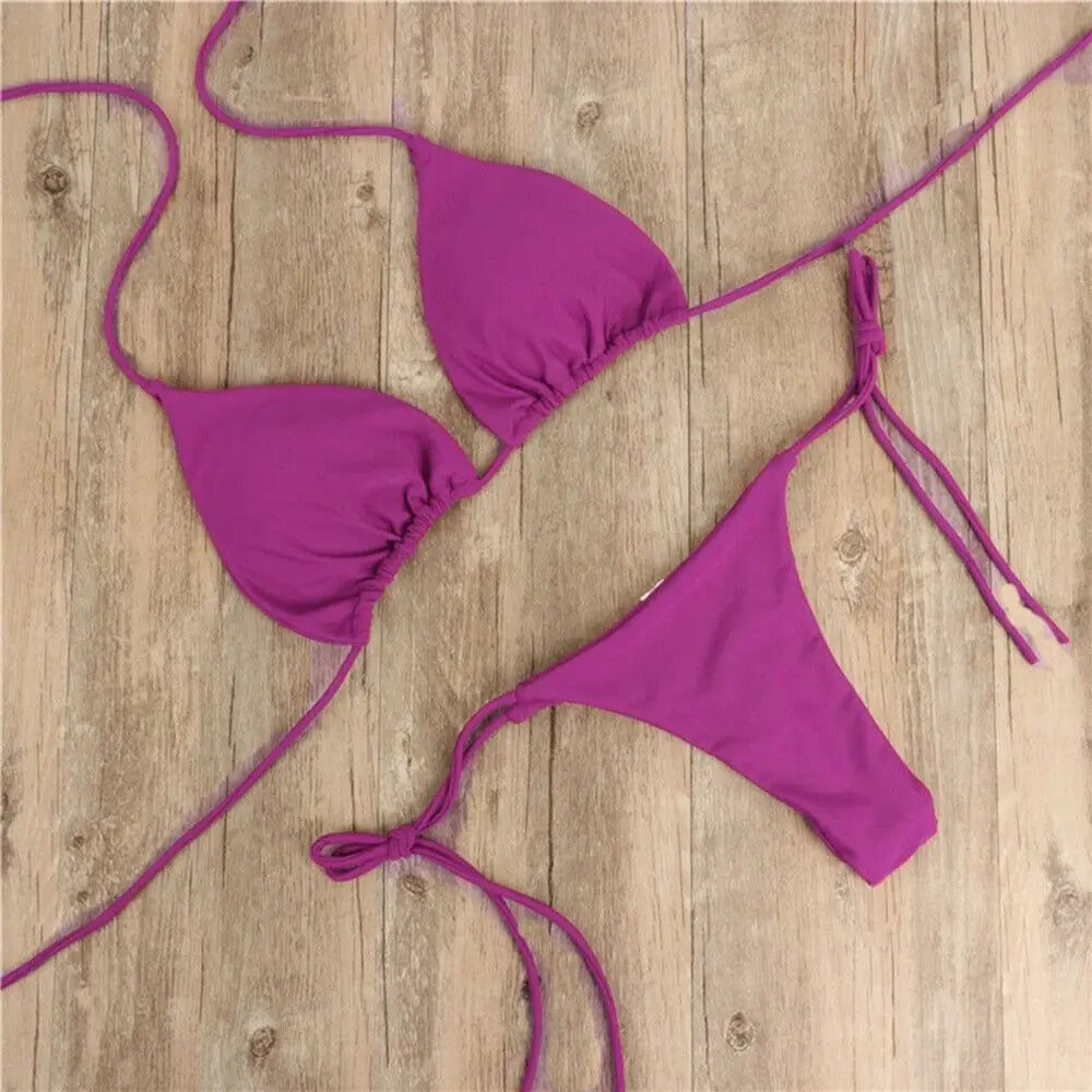 Conjunto de lencería sexy para mujer, top corto, sujetador y braguita, color liso, push up, tanga transparente