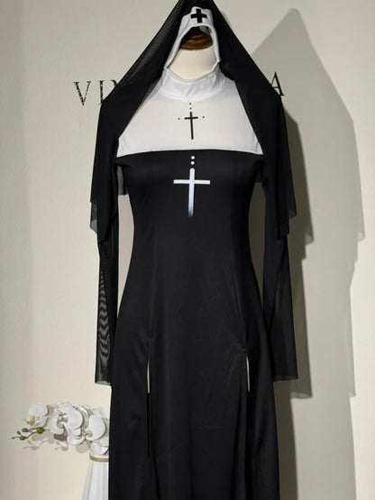 Sexy Anime Nun Cosplay Costume Women Fancy Dress Uniform Halloween Party Adult Madonna Dress Black Fancy Robe Headdress Set 2025