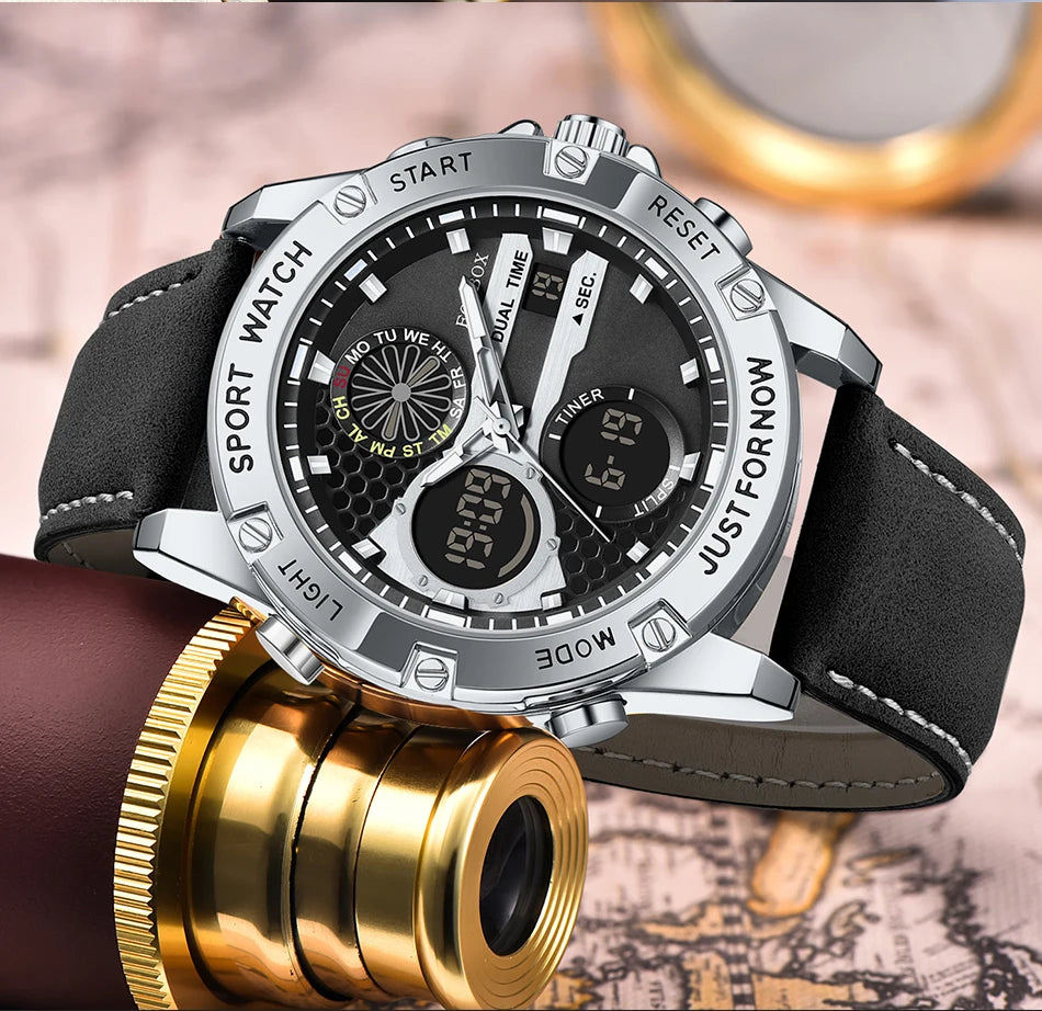 FOXBOX Relojes de lujo de moda para hombre, reloj de pulsera luminoso resistente al agua con fecha y doble horario para hombre, relojes de cuarzo para hombre, relojes masculinos
