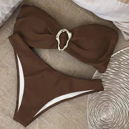 Conjuntos de bikini sin tirantes para mujer, traje de baño de dos piezas con efecto push up, bañadores sexys de color liso, ropa de playa sin espalda para mujer