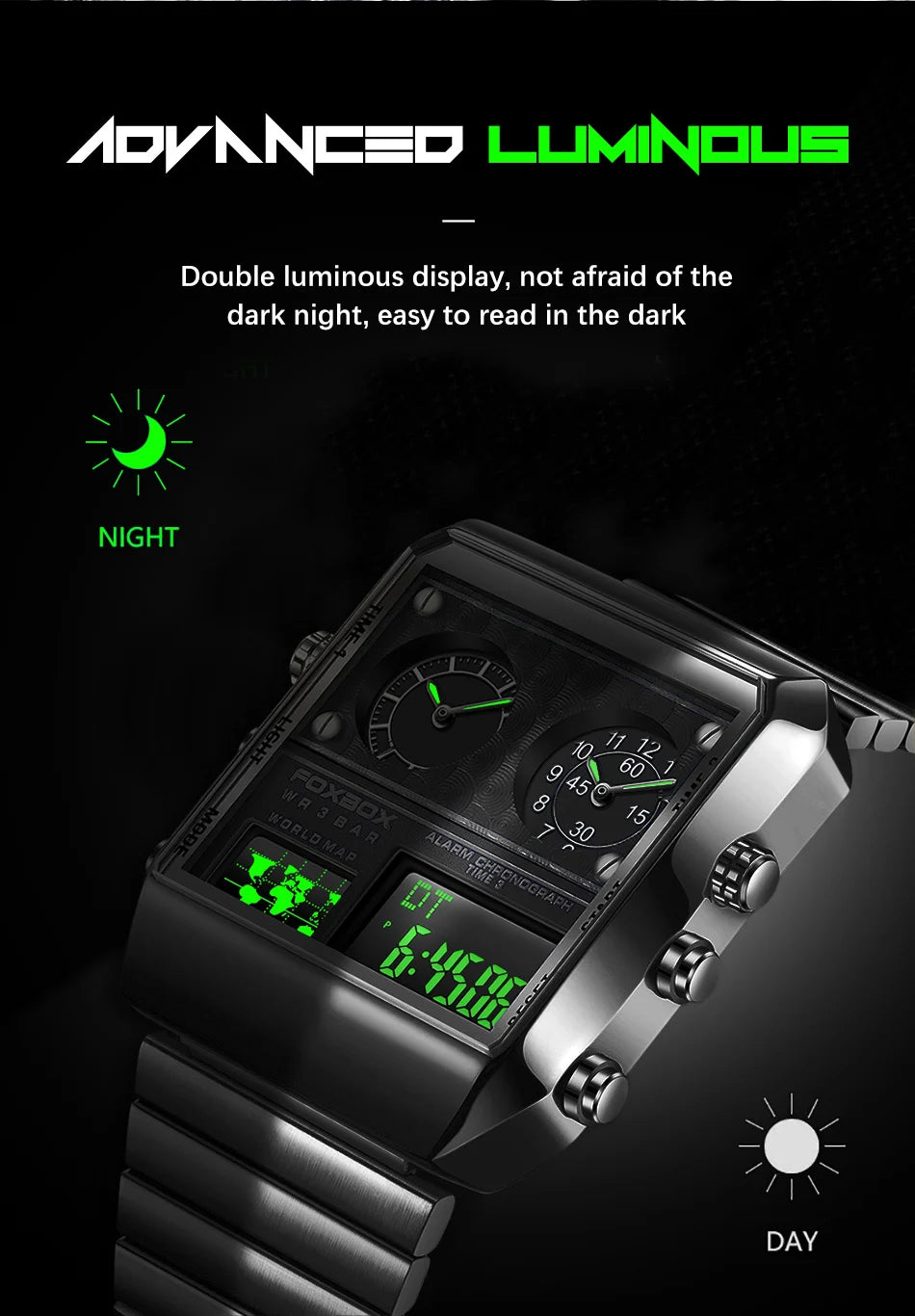 LIGE - Nuevo reloj para hombre, cuadrado, luminoso, deportivo, correa de acero inoxidable, doble pantalla, reloj de pulsera de cuarzo, reloj militar resistente al agua