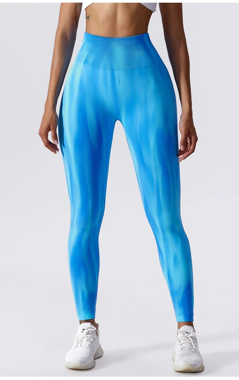 Pantalones de yoga para mujer con estampado tie-dye Cloud Rise, leggings deportivos sexys para gimnasio, mallas sin costuras, pantalones de cintura alta para entrenar.